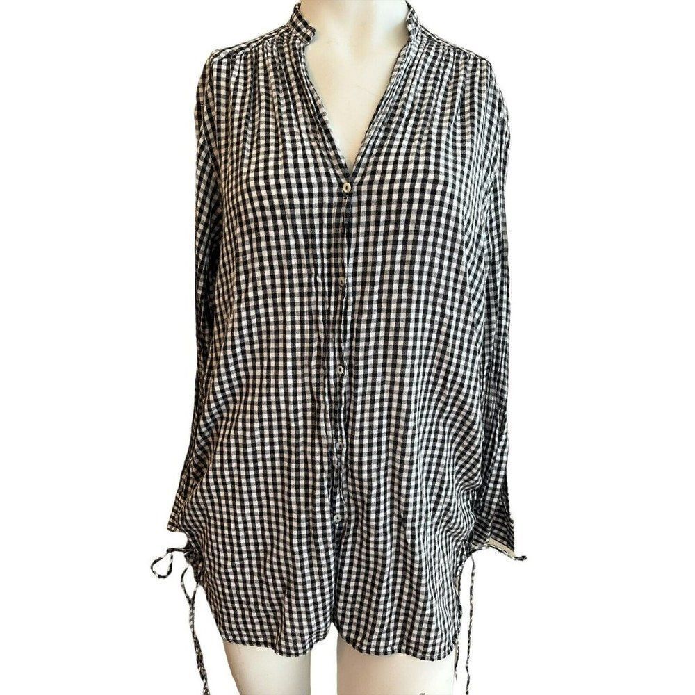 Zara Trafaluc Womens Small Black White Check Blouse Long Sleeve Top Side Ties